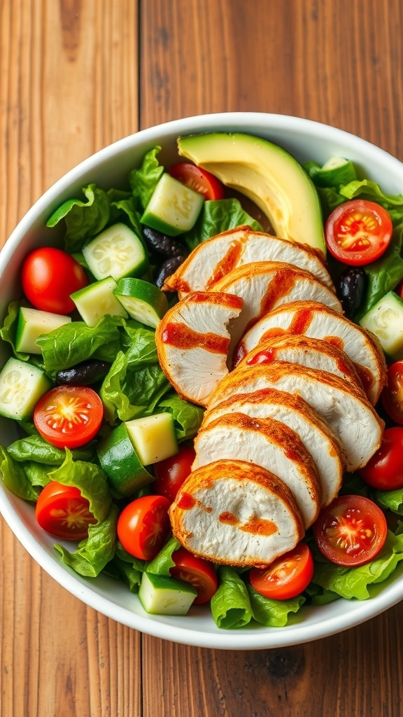 Healthy Air Fryer Chicken Salad Recipe Healthy air fryer chicken salad with mixed greens, cherry tomatoes, cucumber, avocado, and sliced chicken on a wooden table.